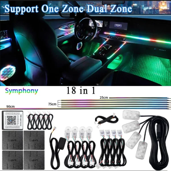 14/18 in 1 Led Acrylic Car Ambient Light RGB 64 213 Color Symphony Acrylic APP Streamer Atmosphere Lamp Kit One Zone Dual Zone